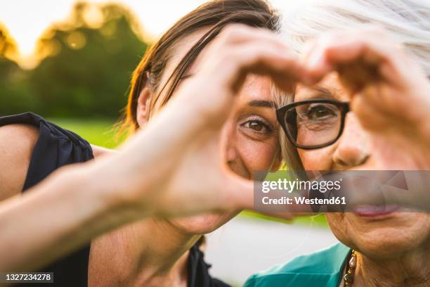 granddaughter and grandmother making heart with hand at park - hand with hart stockfoto's en -beelden