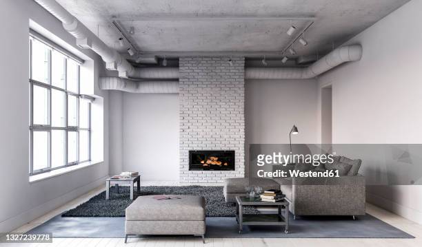 three dimensional design of living room with couch and fireplace - ceiling stock illustrations