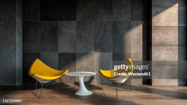 empty chairs around table in modern office - yellow wall stock illustrations