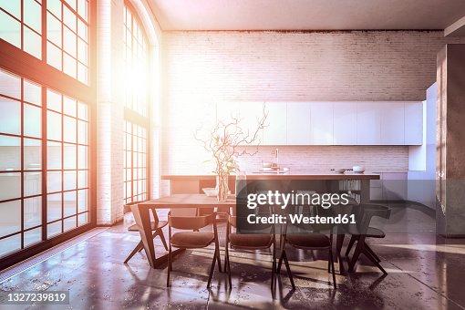 Sunlight streaming through windows in modern kitchen Sunlight streaming through windows in modern kitchen