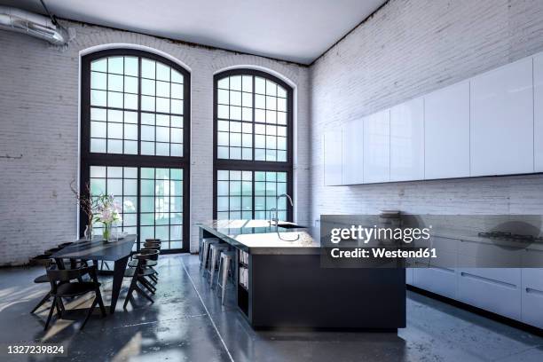 kitchen island and dining table at modern home - breakfast bar stock illustrations