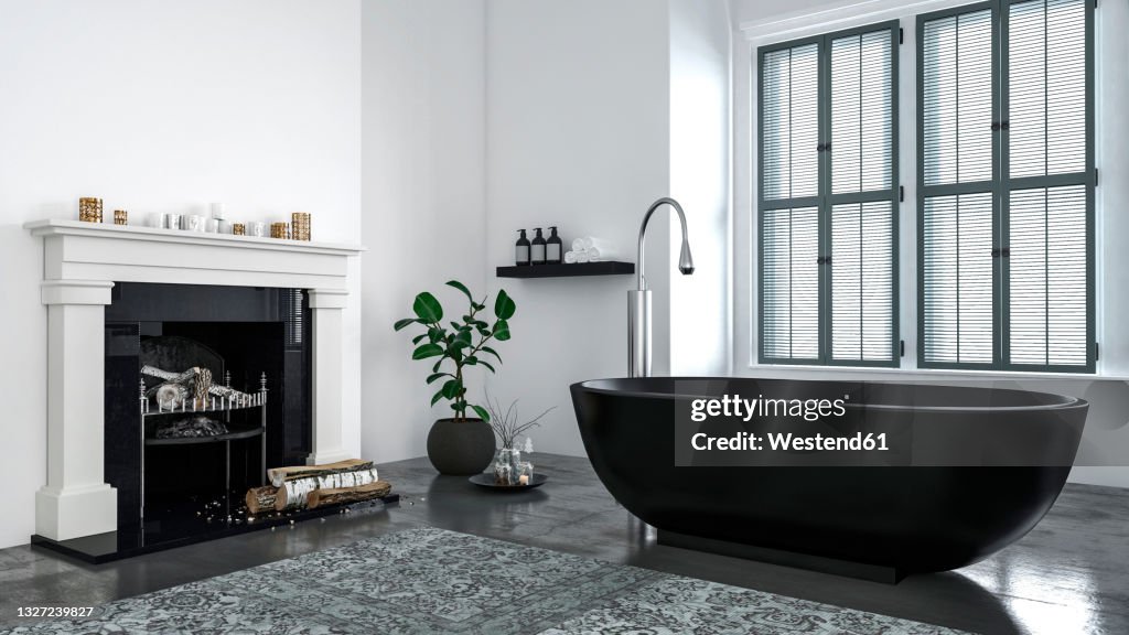 Interior of modern bathroom with bathtub and fireplace