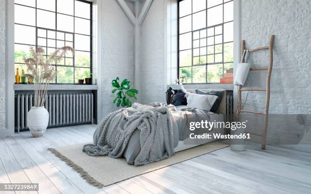 bildbanksillustrationer, clip art samt tecknat material och ikoner med blankets on bed at modern apartment - carpet decor