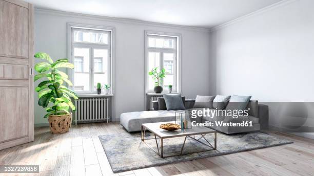 spacious empty living room with wooden flooring - wohngebäude stock-grafiken, -clipart, -cartoons und -symbole