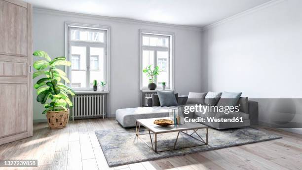 spacious empty living room with wooden flooring - indoors stock illustrations