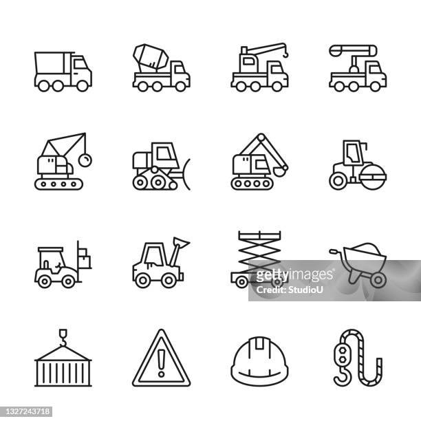 stockillustraties, clipart, cartoons en iconen met construction trucks and machinery line icons - truck stock illustrations