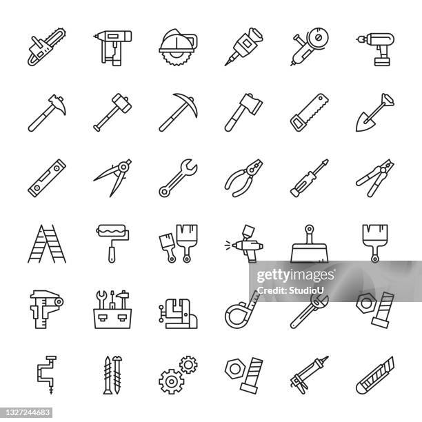 bildbanksillustrationer, clip art samt tecknat material och ikoner med repair and construction tools line icons - snickeriarbete