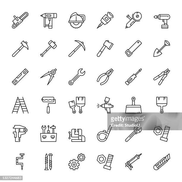 repair and construction tools line icons - screw stock illustrations