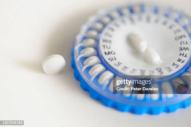 hrt pills in pill dispenser, with copy space - hrt pill stockfoto's en -beelden
