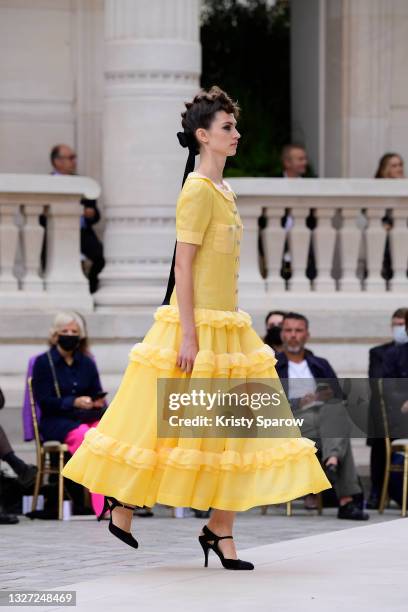 Model walks the runway during the Chanel Couture Haute Couture Fall/Winter 2021/2022 show as part of Paris Fashion Week on July 06, 2021 in Paris,...