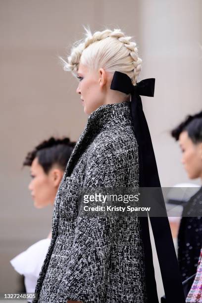 Models walk the runway during the Chanel Couture Haute Couture Fall/Winter 2021/2022 show as part of Paris Fashion Week on July 06, 2021 in Paris,...