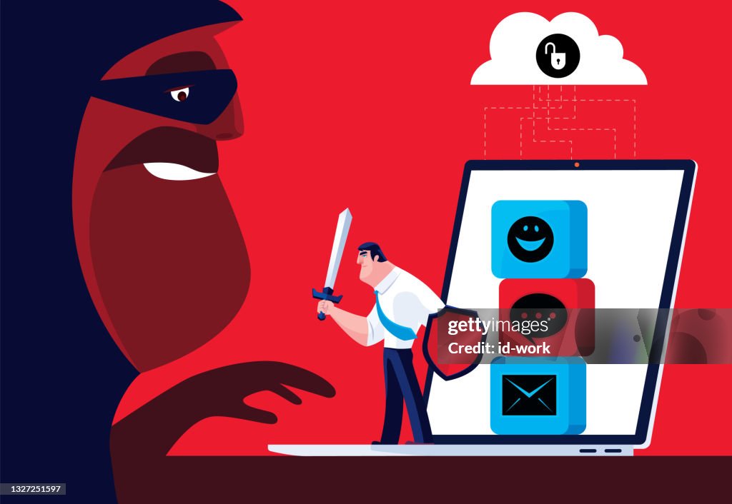 Armed businessmen protecting data with laptop and unlock cloud computing