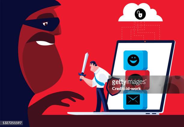 armed businessmen protecting data with laptop and unlock cloud computing - guarding stock illustrations