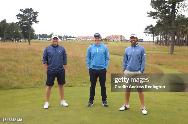 Marc Warren of Scotland, Stephen Gallacher of Scotland and Scott Jamieson of Scotland pose for a photograph during a practice day prior to the abrdn...