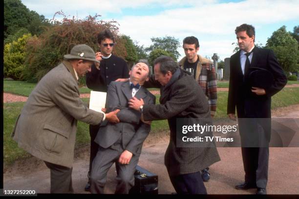 Paul Young, Dougray Scott, David McKail, Bill Paterson, Joseph McFadden and Iain McColl filming a scene in drama series The Crow Road, circa1996.