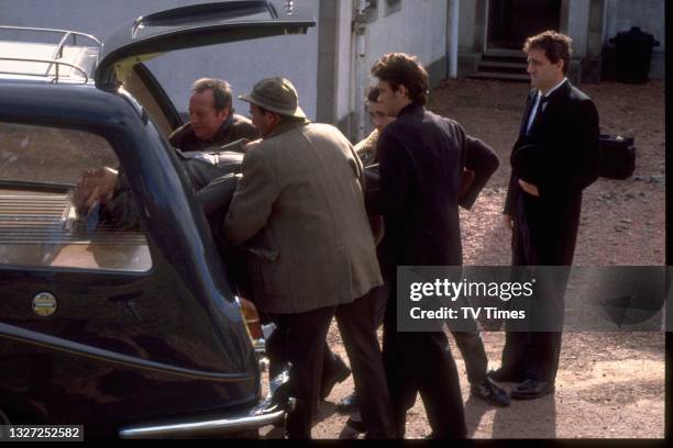 David McKail, Bill Paterson, Paul Young, Joseph McFadden, Dougray Scott and Iain McColl filming a scene in drama series The Crow Road, circa1996.