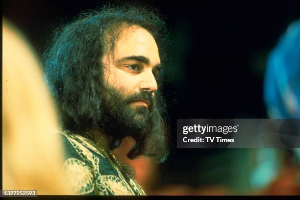Greek singer Demis Roussos performing live on stage at Kings Hall in Manchester for a recording of The International Pop Proms, circa 1976.