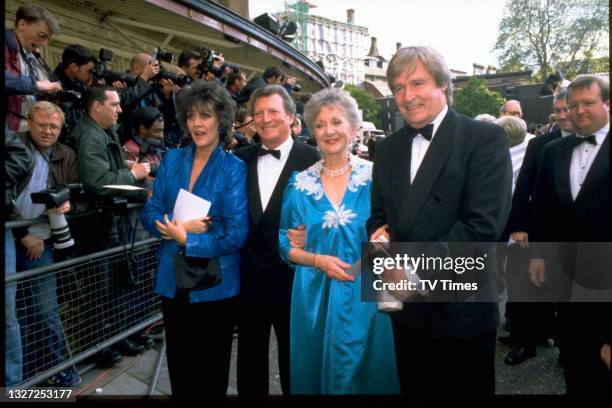 Amanda Barrie, Johnny Briggs, Thelma Barlow and William Roache photographed at the BAFTA Film and Television Awards at the Royal Albert Hall in...