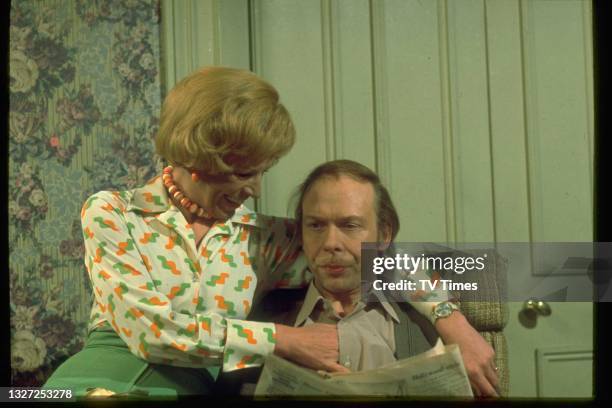 Actors Yootha Joyce and Brian Murphy in character as Mildred and George Roper in sitcom Man About The House, circa 1976.