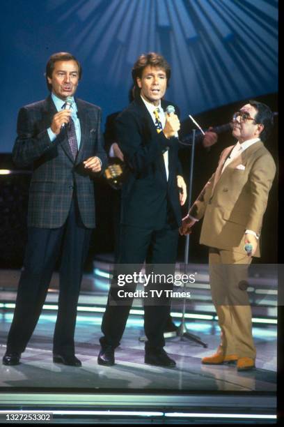 Des O'Connor, Cliff Richard and Ronnie Corbett on variety chat show Des O'Connor Tonight, circa October 1989.