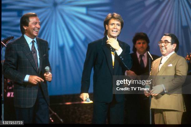 Des O'Connor, Cliff Richard and Ronnie Corbett on variety chat show Des O'Connor Tonight, circa October 1989.