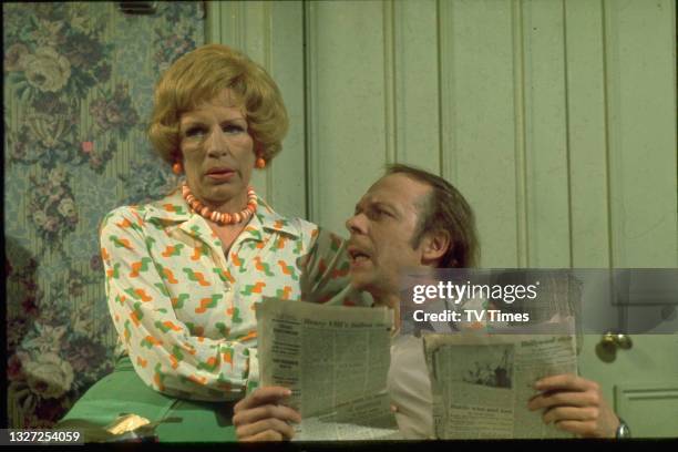 Actors Yootha Joyce and Brian Murphy in character as Mildred and George Roper in sitcom Man About The House, circa 1976.