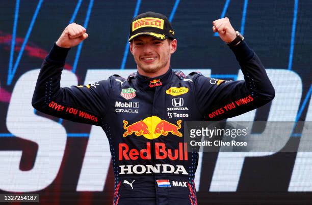 Race winner Max Verstappen of Netherlands and Red Bull Racing celebrates on the podium during the F1 Grand Prix of France at Circuit Paul Ricard on...