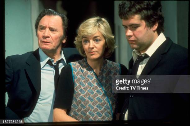 Thomas Heathcote, Susan Hanson and Paul Henry in character as Ed Lawton, Diane Parker and Benny Hawkins in television soap Crossroads, circa 1977.