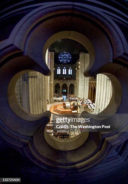 New Episcopal Bishop Mariann Budde is seated at the National Cathedral on the first day that the building reopens to the public Sunday, November 13,...