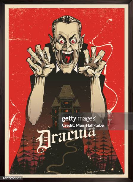 illustrazioni stock, clip art, cartoni animati e icone di tendenza di poster di vampire dracula e illustrazione della casa infestata - orrore
