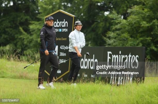 Sami Valimaki of Finland and Tapio Pulkkanen of Finland in action during a practice day prior to the abrdn Scottish Open at The Renaissance Club on...