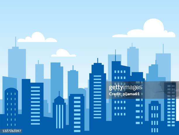 stadtlandschaft mit wolkenkratzern tagsüber - suburban sprawl stock-grafiken, -clipart, -cartoons und -symbole