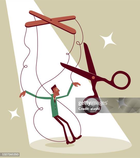 stockillustraties, clipart, cartoons en iconen met cutting the strings of the businessman marionette (puppet) - man cutting wire