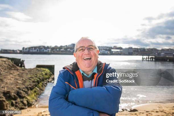 beach front senior male portrait - north shields stock pictures, royalty-free photos & images