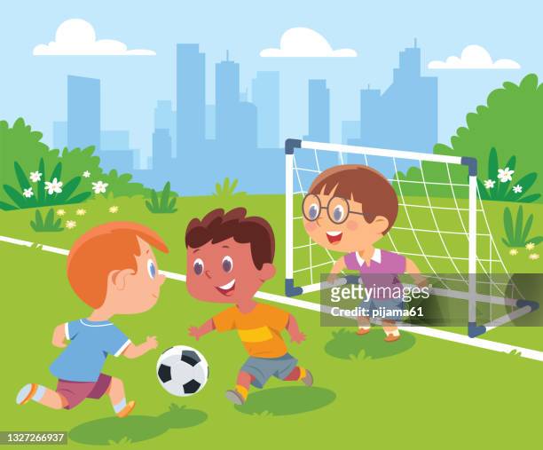 ilustraciones, imágenes clip art, dibujos animados e iconos de stock de los niños jugando juego de fútbol al aire libre - niño pequeño