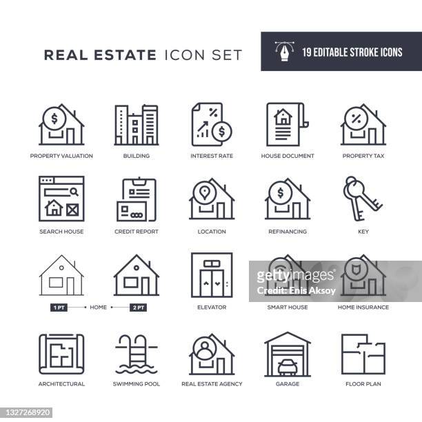illustrazioni stock, clip art, cartoni animati e icone di tendenza di icone della linea di tratti modificabili immobiliari - valutazione