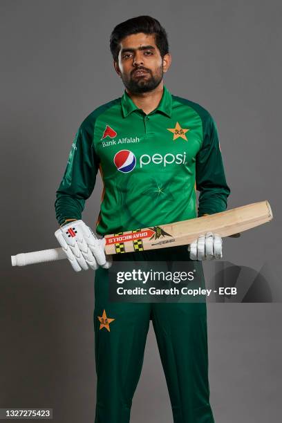 Babar Azam of Pakistan poses during a portrait session at The Incora County Ground on July 05, 2021 in Derby, England.