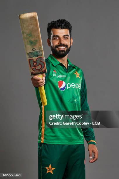 Shadab Khan of Pakistan poses during a portrait session at The Incora County Ground on July 05, 2021 in Derby, England.