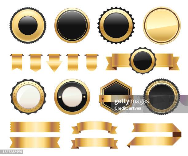 gold badges and ribbons set - vintage banner icon set stock illustrations