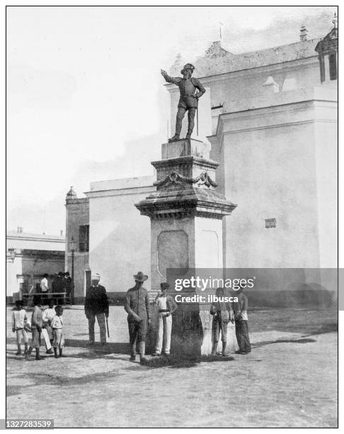 antique black and white photograph: monument to ponce de leon, puerto rico - ponce de leon stock illustrations
