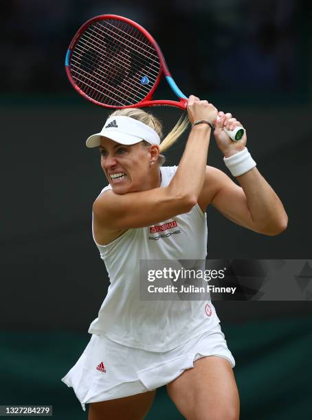 Angelique Kerber of Germany plays a backhand in her Ladies' Singles Quarter-Final match against Karolina Muchova of The Czech Republic during Day...