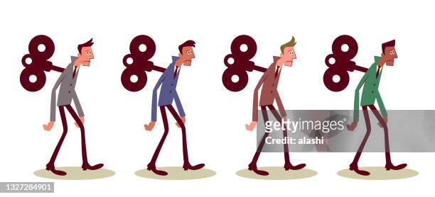 tired multi-ethnic group of businessmen with a wind-up key on their hunch back - slow stock illustrations