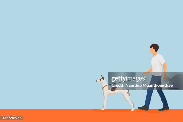 a man walking with his dog illustration concept shows a happy dog enjoying the walkway and good atmosphere. - dog stock illustrations stock pictures, royalty-free photos & images