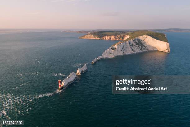 aerial perspective showing the needles, isle of wight, united kingdom - isle of wight aerial stock pictures, royalty-free photos & images