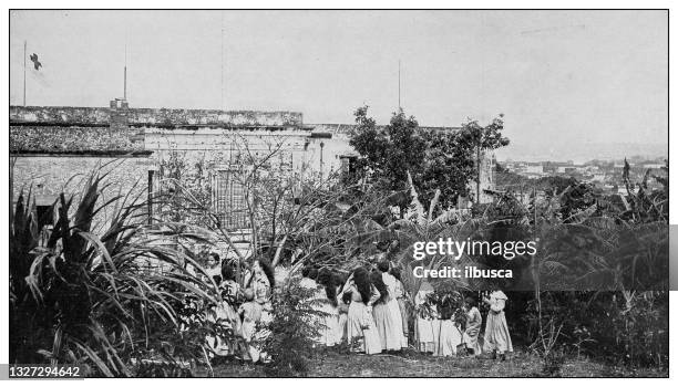 ilustrações de stock, clip art, desenhos animados e ícones de antique black and white photograph: girls' school at sagua la grande, santa clara province, cuba - pacific