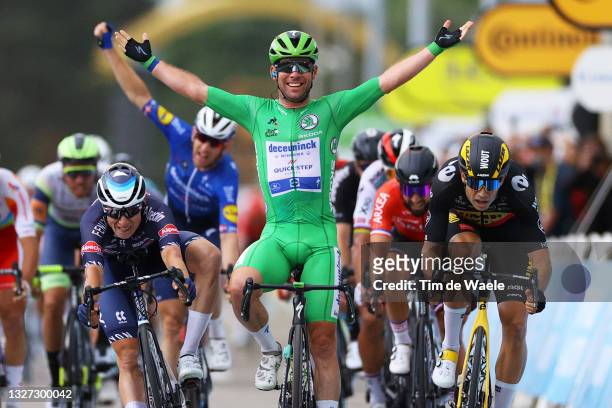 Mark Cavendish of The United Kingdom and Team Deceuninck - Quick-Step Green Points Jersey Green Points Jersey stage winner celebrates at arrival,...