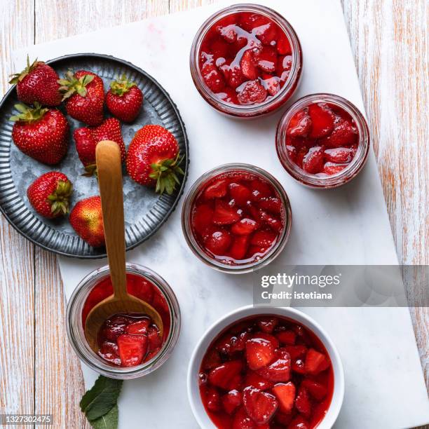 making strawberry jam - marmalade stock pictures, royalty-free photos & images