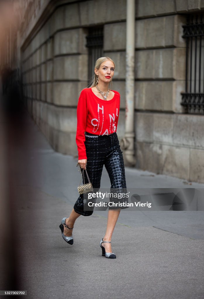 Leonie Hanne is seen wearing total look Chanel, phone bag, micro