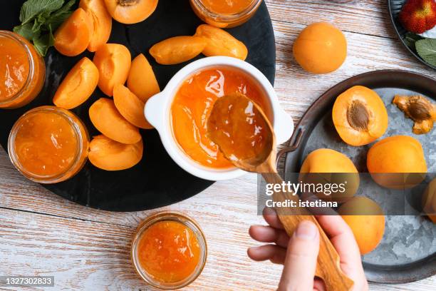 woman  filling jar with marmalade. making apricot jam - aprikos bildbanksfoton och bilder