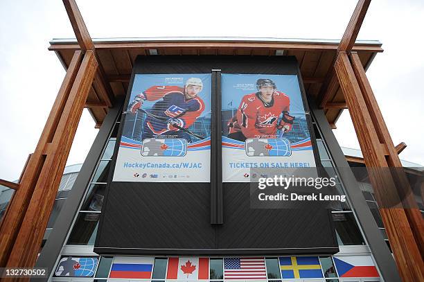 An exterior view of Langley Events Centre before the gold medal game between Canada East and Canada West at World Junior A Challenge at Langley...